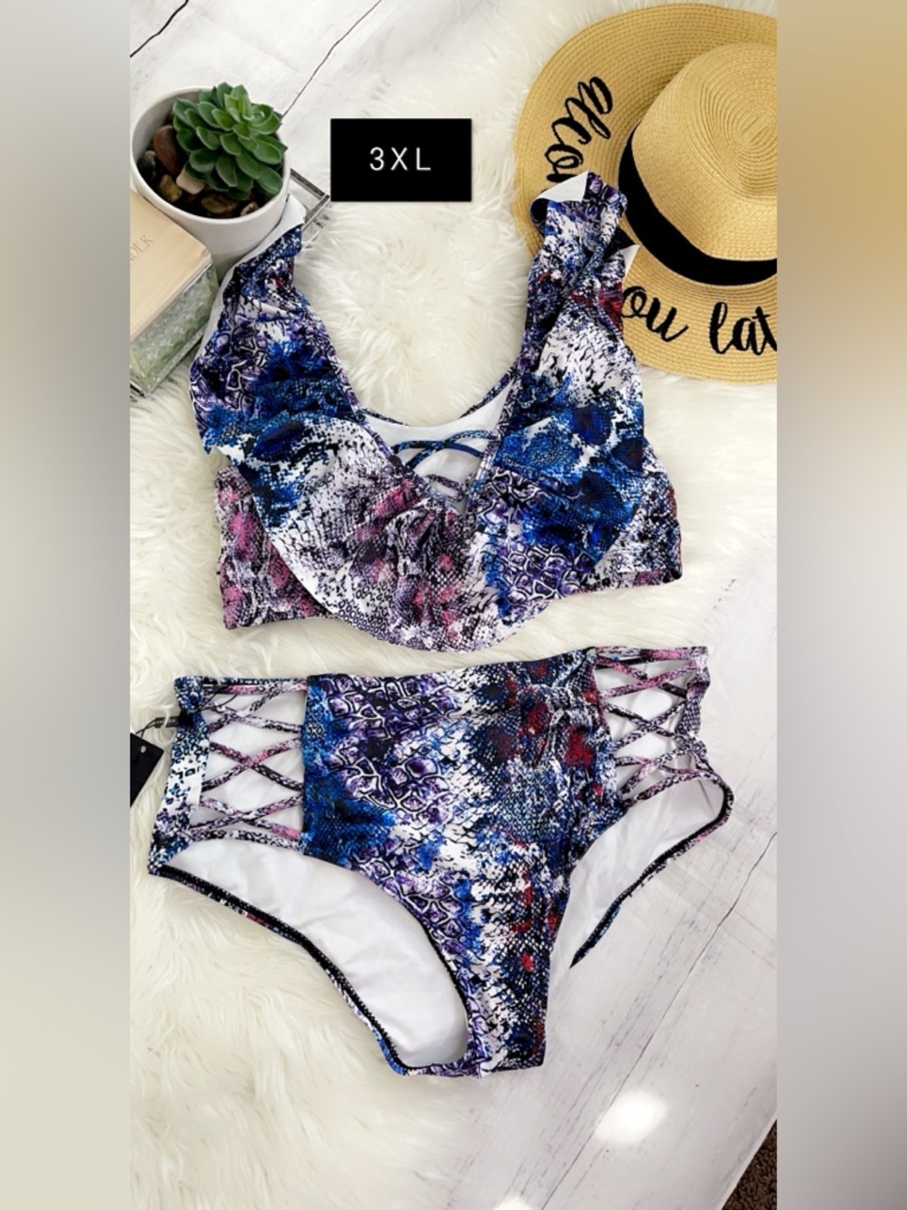 Colorful Snake Print Lace-Up Bikini Set